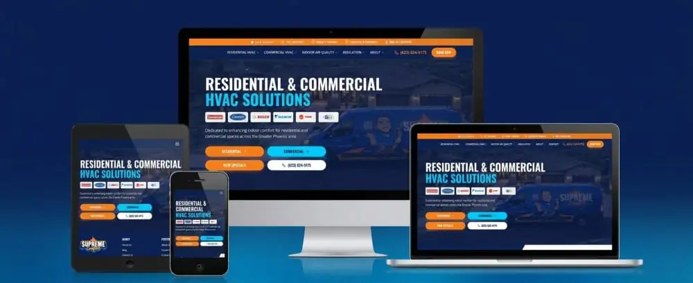 Residential and commercial HVAC contractor website design displayed across multiple devices