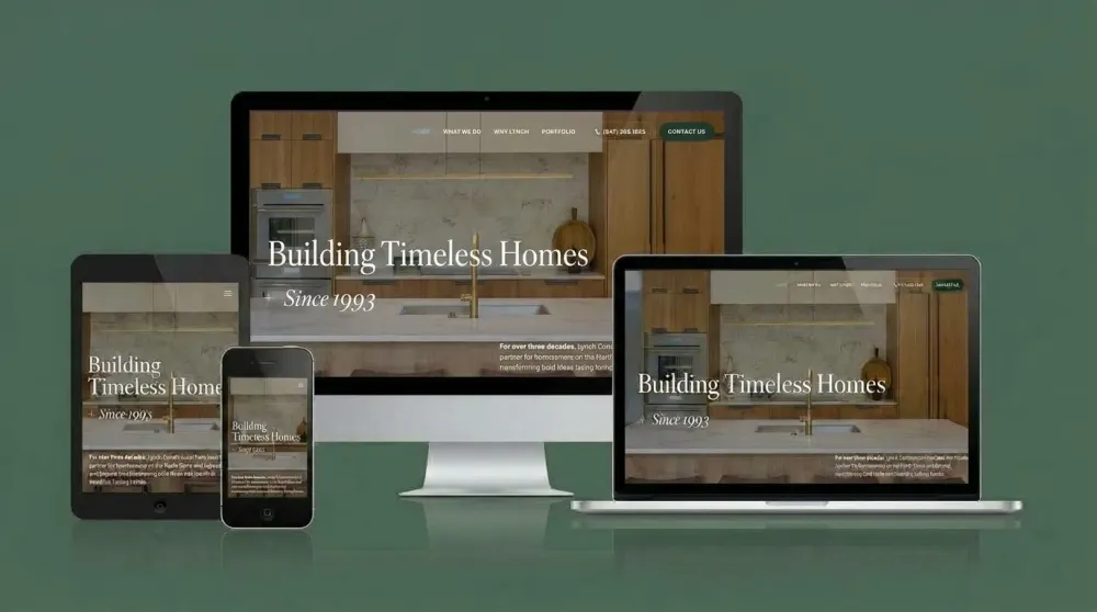 Home builder website design displayed on desktop, tablet, and mobile devices