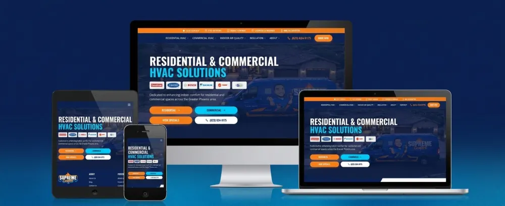 Residential and commercial HVAC contractor website design displayed across multiple devices
